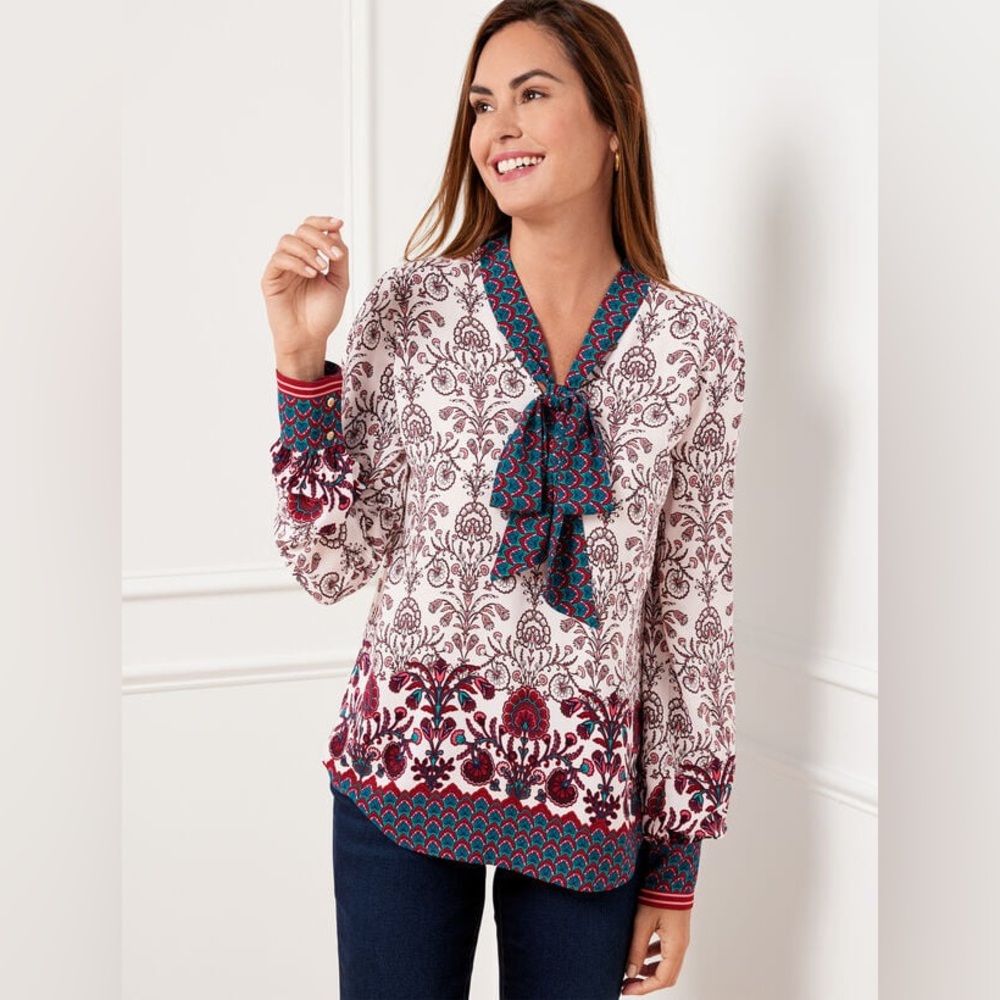Talbots. Tie Neck Soft Blouse w/Damask Border. Size Medium.